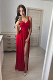 Simple Front Split Long A-Line Red Tight Cheap Prom Dresses Party