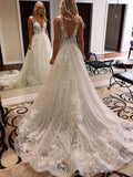Luxurious Ball Gown V Neck Open Back Ivory Lace Wedding Dresses,Sequins Beach Bridal Dresses STB15259