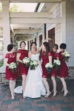 A Line Burgundy Lace Cap Sleeve Bridesmaid Dresses, Knee Length Short Wedding Party Dresses STB14995