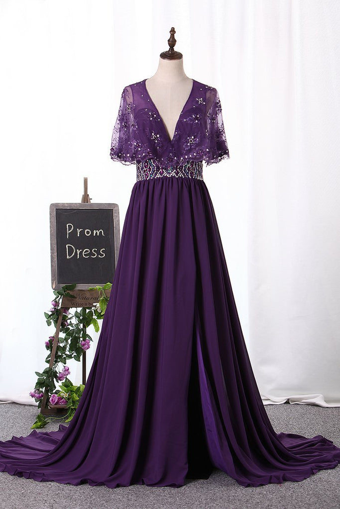 V Neck Prom Dresses A Line Chiffon & Lace With Beads And