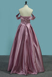 Satin Prom Dresses Off The Shoulder Sweep Train Lace