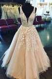 Fashion Ball Gown V Neck Prom Dresses with Appliques and Beads, Quinceanera Dresses STB15582