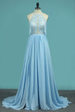 2024 Halter Chiffon A Line Prom Dresses With Applique And Slit Sweep Train