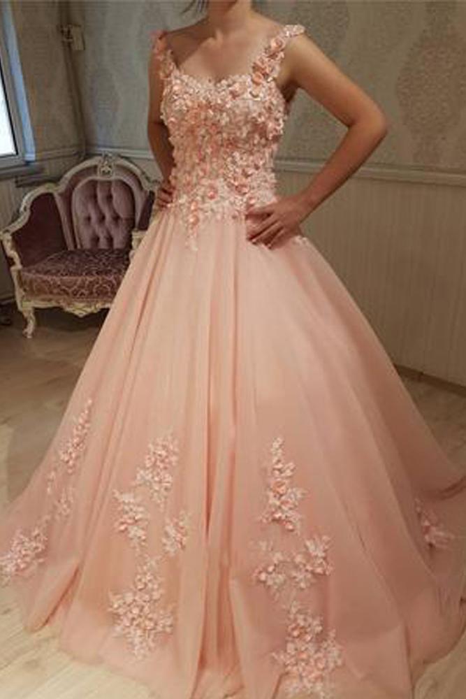 Gorgeous Ball Gown Round Neck Sweetheart Open Back Peach Lace Long Prom Dresses