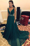 Elegant A Line Beads Green V Neck Long Chiffon Sleeveless Prom Dresses