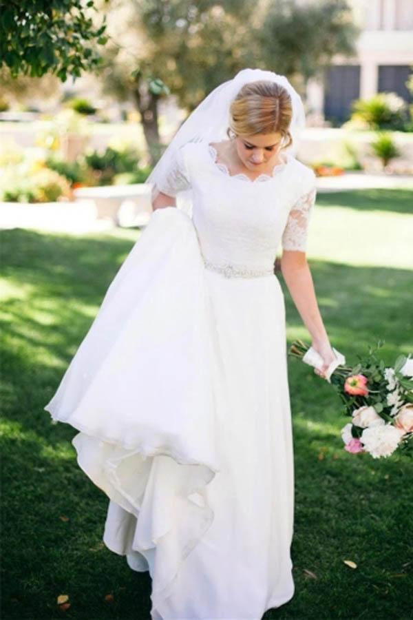 Lace A-Line Beading Ivory Scoop Chiffon Half Sleeve Floor-Length Wedding Dresses