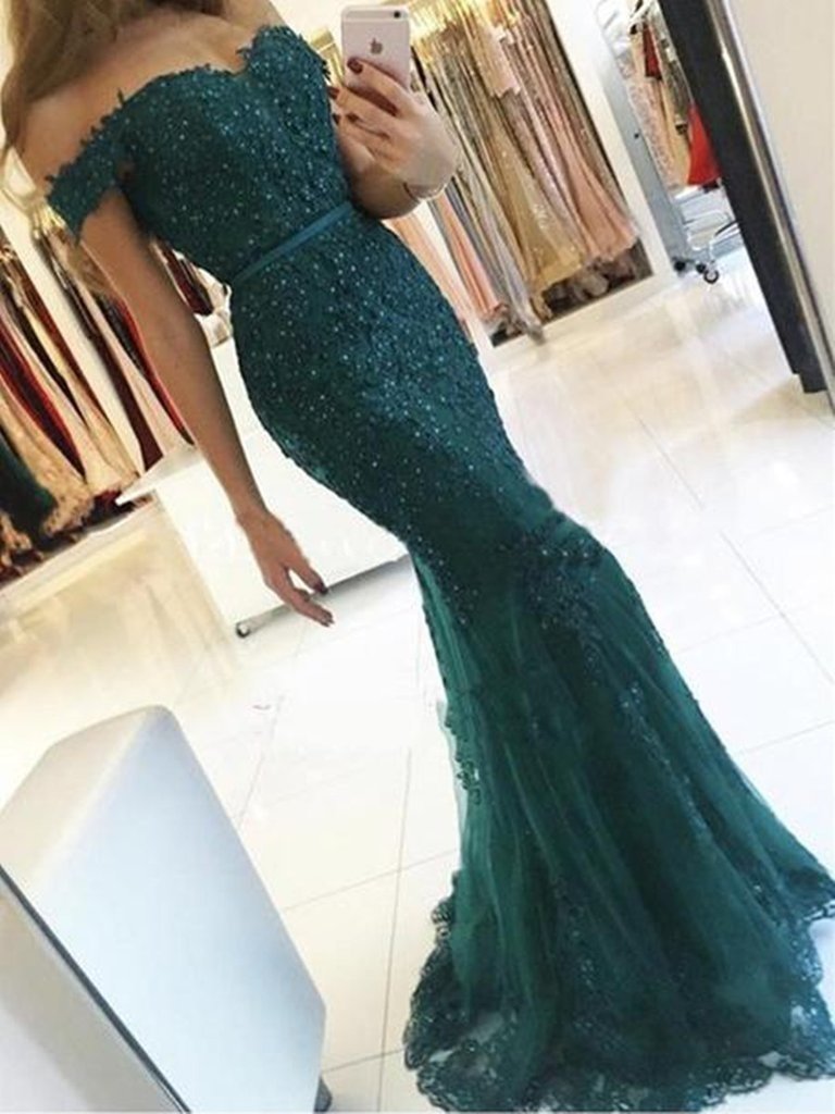 Elegant Emerald Green Off Shoulder Lace Mermaid Beads Sweetheart Prom Dresses