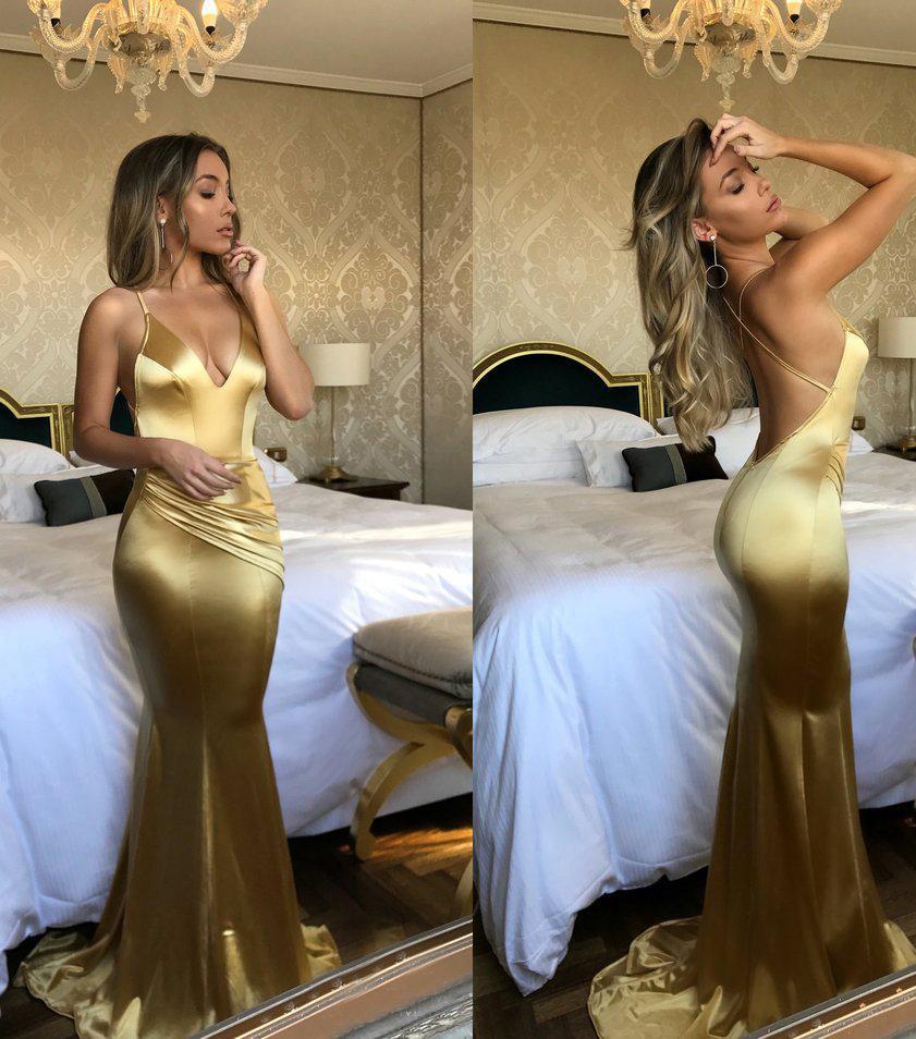 Elegant Mermaid Short Train Spaghetti Straps Long Sexy Gold V Neck Prom Dresses