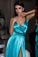 Sexy A Line Split Turquoise V-Neck Green Satin Prom Dresses with High Slit