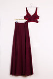 Elegant Two Pieces A-line V Neck Floor-length Burgundy Chiffon Cheap Prom Dresses