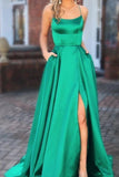 Elegant A Line Green Lace up Prom Dresses with Pockets Slit Formal Evening STB20406