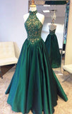 Elegant Halter Sweep Train Hunter Prom Dress with Lace Beading Prom Dresses