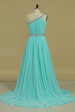Hot One Shoulder Prom Dresses A Line Chiffon With Beading & Ruffles