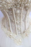 Sweetheart Bridal Dresses With Pearls Ball Gown Tulle White Corset Back