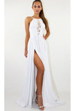 White Backless Long Prom Dress Split Spaghetti Strap Party Maxi