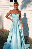 Simple A Line Sky Blue Sweetheart Satin Prom Dresses, Cheap Formal STB15670