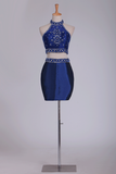 Two Pieces Halter Homecoming Dresses Sheath With Beads Short/Mini Dark Royal