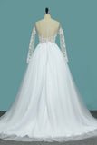 Wedding Dresses Bateau Long Sleeves A Line With Applique Tulle Open