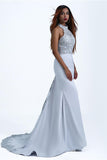 Charming Mermaid Halter Silver Sequins Prom Dresses with Appliques, Party STB20401