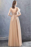 A Line V Neck Tulle Long Prom Dresses, Cheap Evening Dress with STB20488