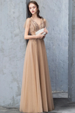 A Line V Neck Short Sleeves Long Tulle Prom Dress Evening Dresses With STBP7MZF43L