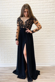 Long Sleeves Black Formal Dress High Slit Sexy Chiffon Long Prom Dress STBPGNANEC5