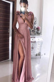 A Line Pink Chiffon V neck Prom Dresses with Split, Long Formal Dress With Handmade Flower STB15010