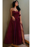 Unique A Line Burgundy Sweetheart Satin Strapless Prom Dresses, Evening STB20448