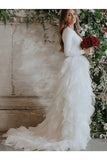 A-Line/Princess Tulle Ruffles Scoop Long Sleeves Sweep/Brush Train Wedding