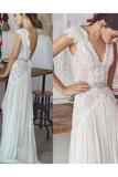 Unique V Neck Cap Sleeves Chiffon Beach Wedding Dress With Beading STBPGG9HAF7