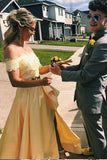 Elegant Two Pieces Yellow Off the Shoulder Prom Dresses Satin Appliques Party Dresses STB15210