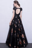 Black Prom Dresses Scoop A-Line Floral Print Sexy Long Lace Prom