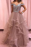 Elegant Rhinestones Layered Off the Shoulder Prom Dresses, Rose Pink Tulle Party Dresses STB15196