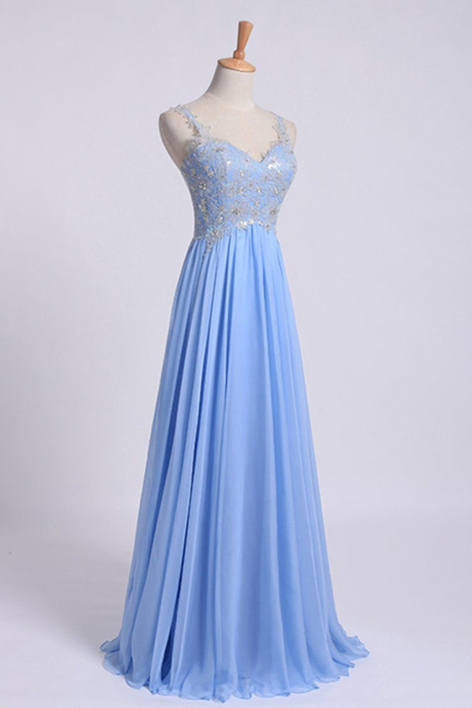 Low Back Straps A Line Chiffon Prom Dress With Lace Bodice