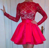 High Neckline Long Sleeves Red Lace Top Short Prom Dresses, Homecoming Dresses STB15237