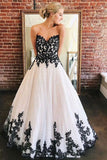A Line Sweetheart Strapless White Tulle Black Lace Appliques Formal Prom Dresses STB15558