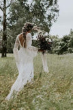 A Line Long Sleeves Deep V Neck Lace Backless Wedding Dresses Long Bridal STBPBASH993