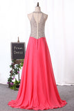 2024 Sexy Scoop-Neck A Line Prom Dresses Chiffon With Beaded Bodice Zipper Up