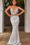 Sexy Mermaid Deep Neck Halter Backless Sequins Prom Dresses Long Formal Dresses STB15338