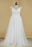 New Arrival V Neck Wedding Dresses Ruffled Bodice A Line Tulle & Lace Open