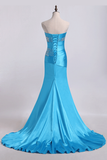 Mermaid Strapless Elastic Satin With Beadings Prom Dresses Sweep/Brush Train