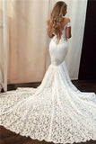Sexy Off the Shoulder Lace Mermaid Ivory Wedding Dresses, Long Bridal Dresses STB15344