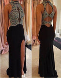 Black Open Back Halter Sleeveless Beads Mermaid Side Slit Cheap Prom Dresss BD514