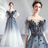 A Line Half Sleeves Tulle Long Ombre Prom Dress with Appliques Blue Evening Dresses STB15001