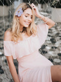 Charming Off Shoulder Ruffle Pink Chiffon Long Prom Dresses Bridesmaid Dresses STB15114