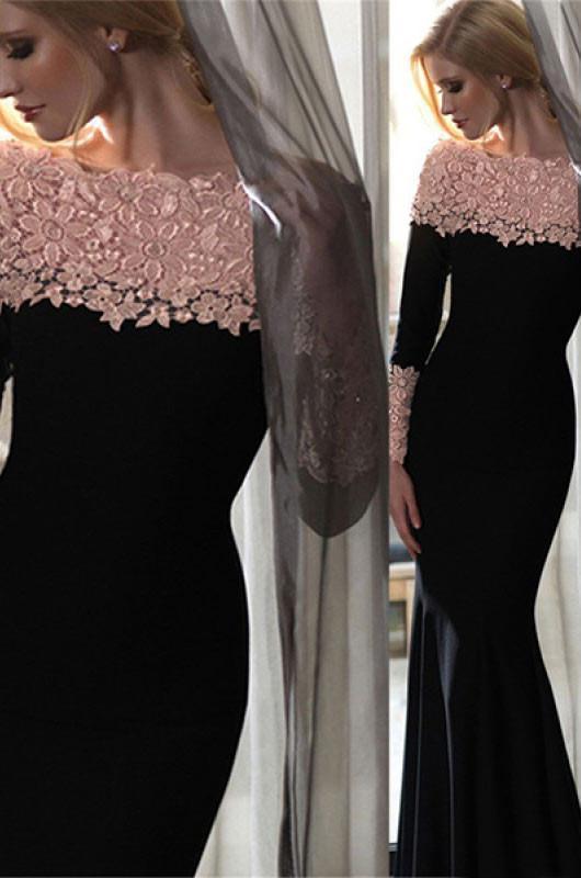 Elegant Black Floral Long Sleeves Sheath Long Prom Evening Dresses