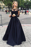 Black Ball Gown Long Sleeves Bateau Satin Floor-Length