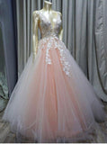 Charming Ball Gown V Neck Tulle Lace Appliques Prom Dresses, Evening STB15625