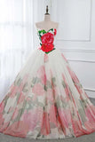 Ball Gown Floral Satin Long Tulle Evening Dresses with Lace up, Sweetheart Red Prom Dresses STB15057