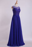 Bateau Prom Dress A Line Floor Length With Embroidery And Beads Chiffon&Tulle
